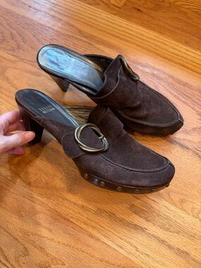 Stuart Weitzman Dark Brown Suede Buckle Clog Mules